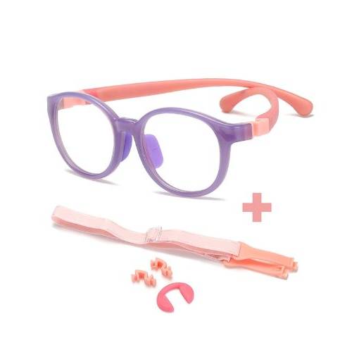 Foto - Detské okuliare proti modrému svetlu - Fialovo ružové s nosníkmi a gumičkou