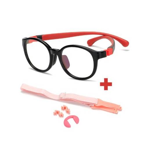 Foto - Detské okuliare proti modrému svetlu - Čierno červené s nosníkmi a gumičkou